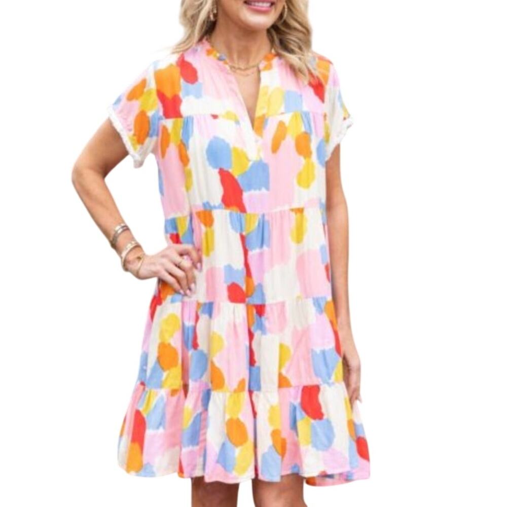 Umgee Short Sleeve Tiered Mini Dress M Multicolor Abstract Spot Print Bright